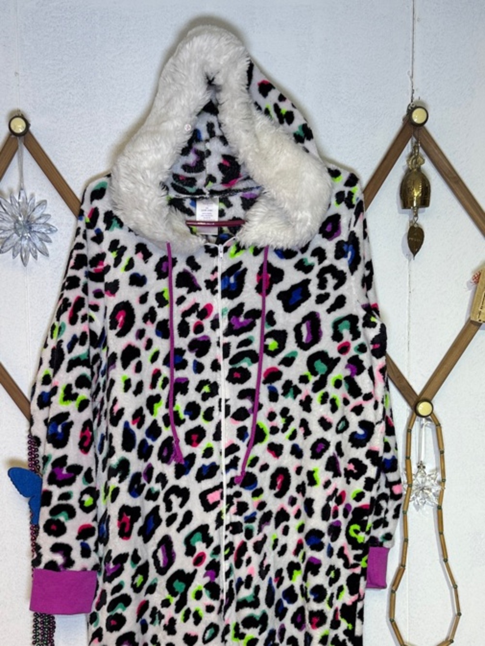 Secret Treasures Multicolor Leopard Print Hooded Onesie with White Faux Fur Trim
